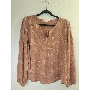 Lucky Brand L Women's Floral Blouse Brown Pink Green Pleated Tie Long Sleeve Top